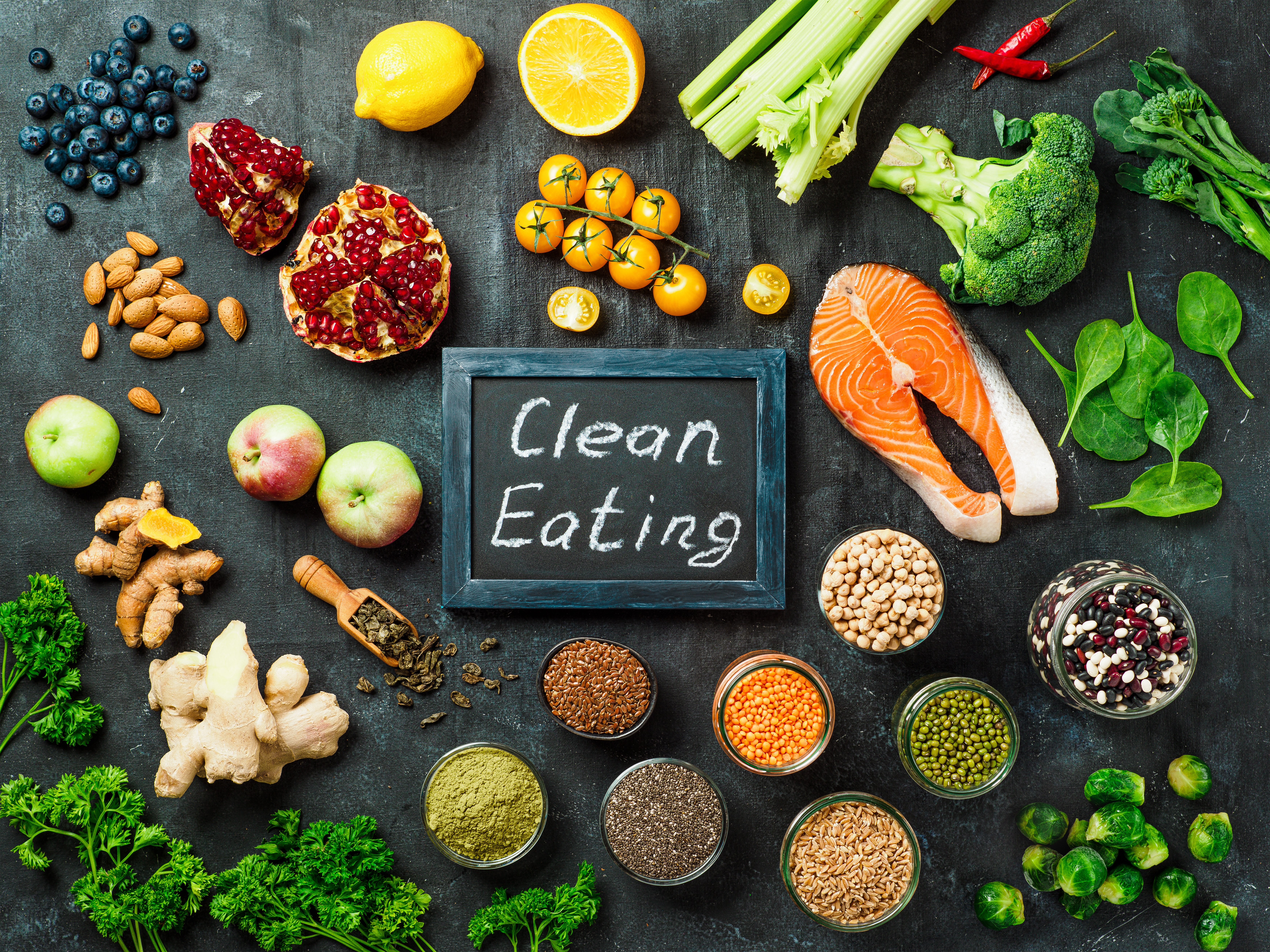 An image of raw foods around a sign that says clean eating, which is a cornerstone of the Gwyneth Paltrow Diet.