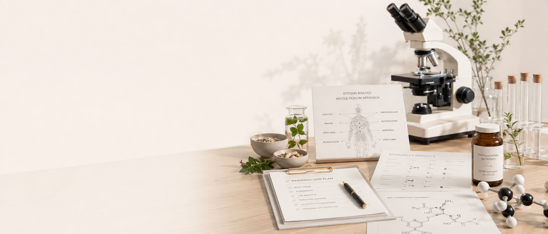 Anatomy charts, a microscope, test tubes, a molecular model, supplements, and medical paperwork atop a light-colored desk surface