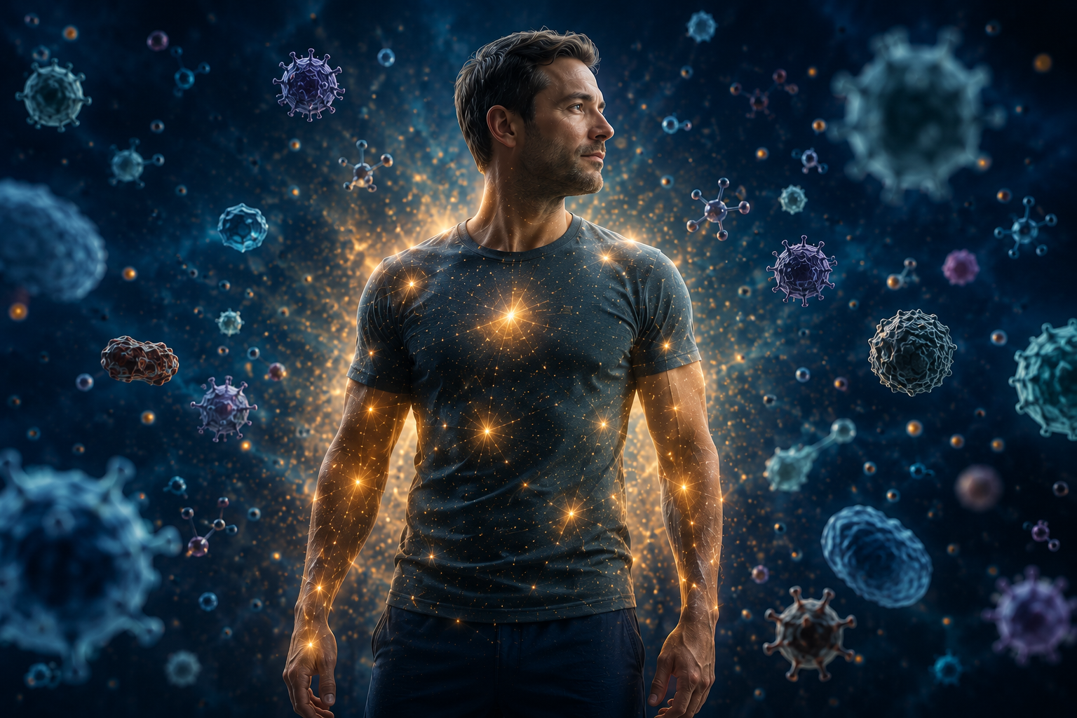 A conceptual illustration of the body’s immune system represented by points of light superimposed on a male figure surrounded by viruses and other molecular structures