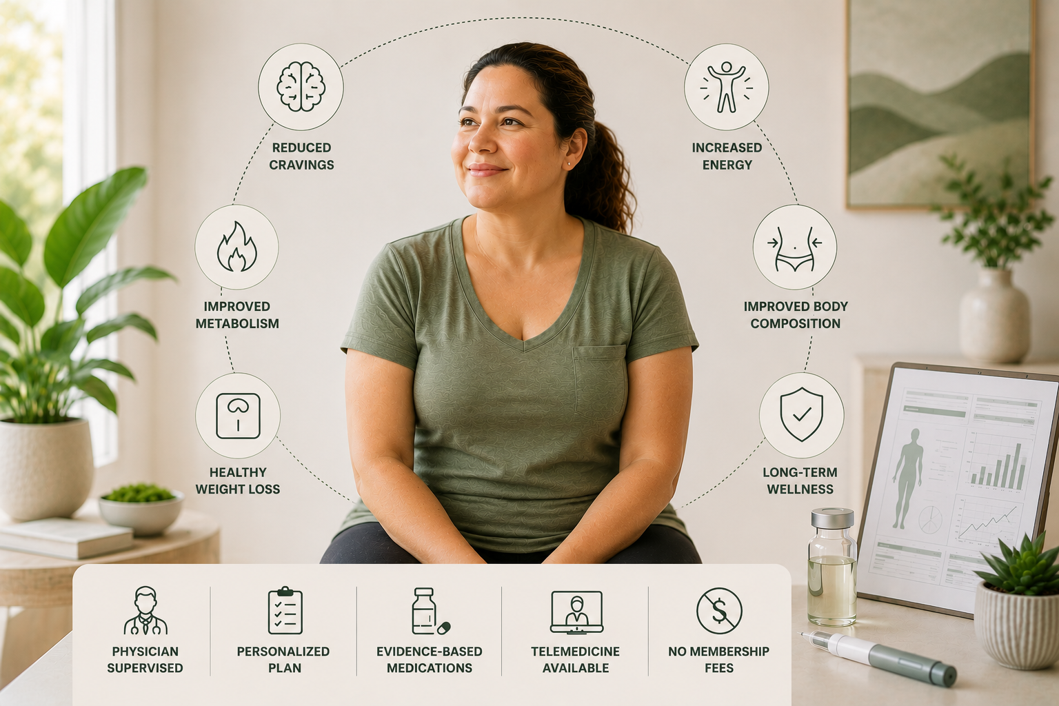 A woman who is on a medical weight loss plan surrounded by graphics illustrating the benefits of getting care from TransformYou’s weight loss clinic