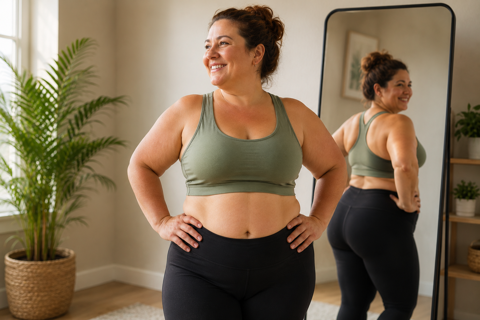 A woman in workout clothes with her back to a mirror, smiling about her weight loss and improved metabolic health