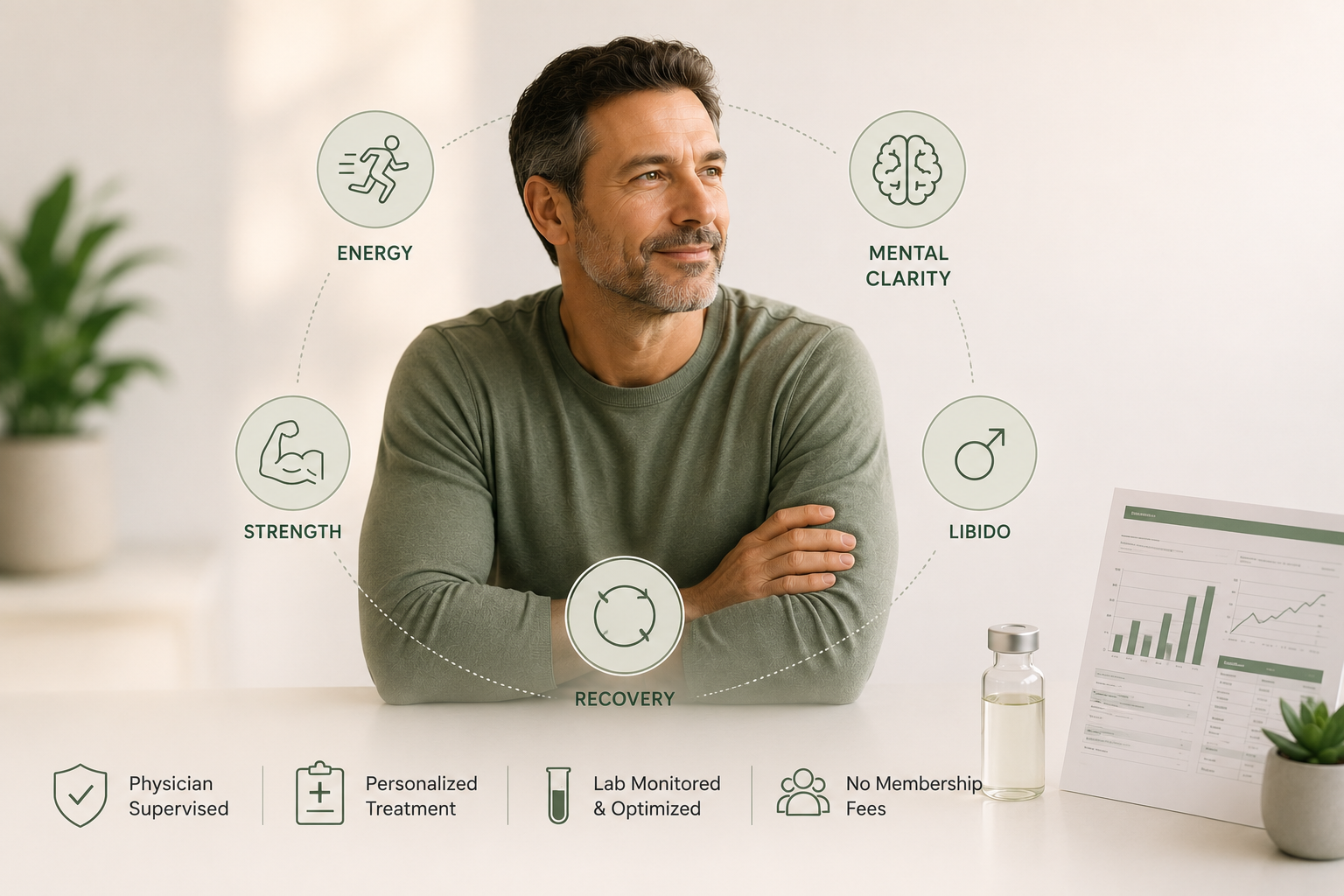 A healthy middle-aged man accompanied by graphics that illustrate benefits of TRT from TransformYou