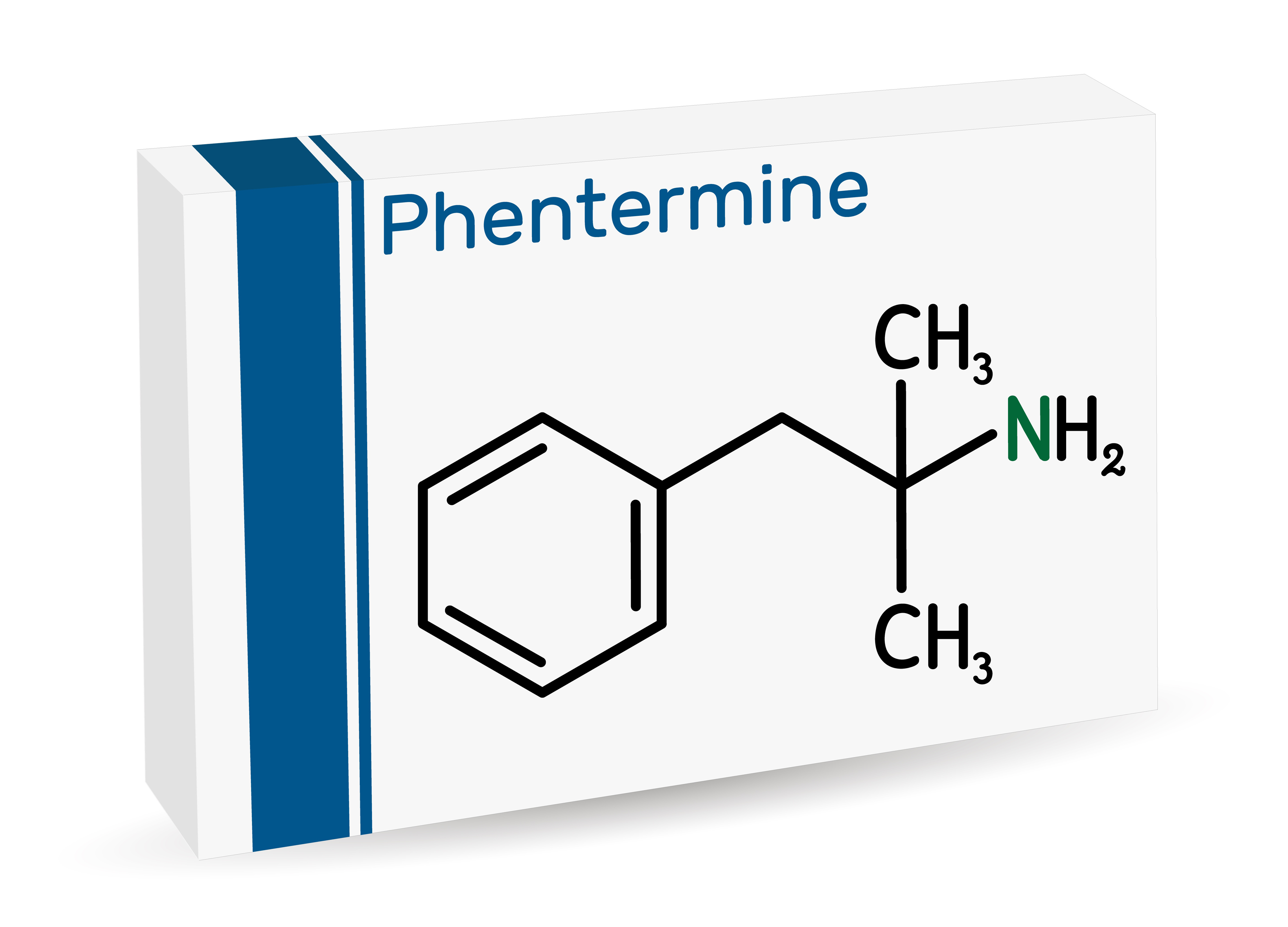 An image of the chemical composition of Phentermine on a medical box.