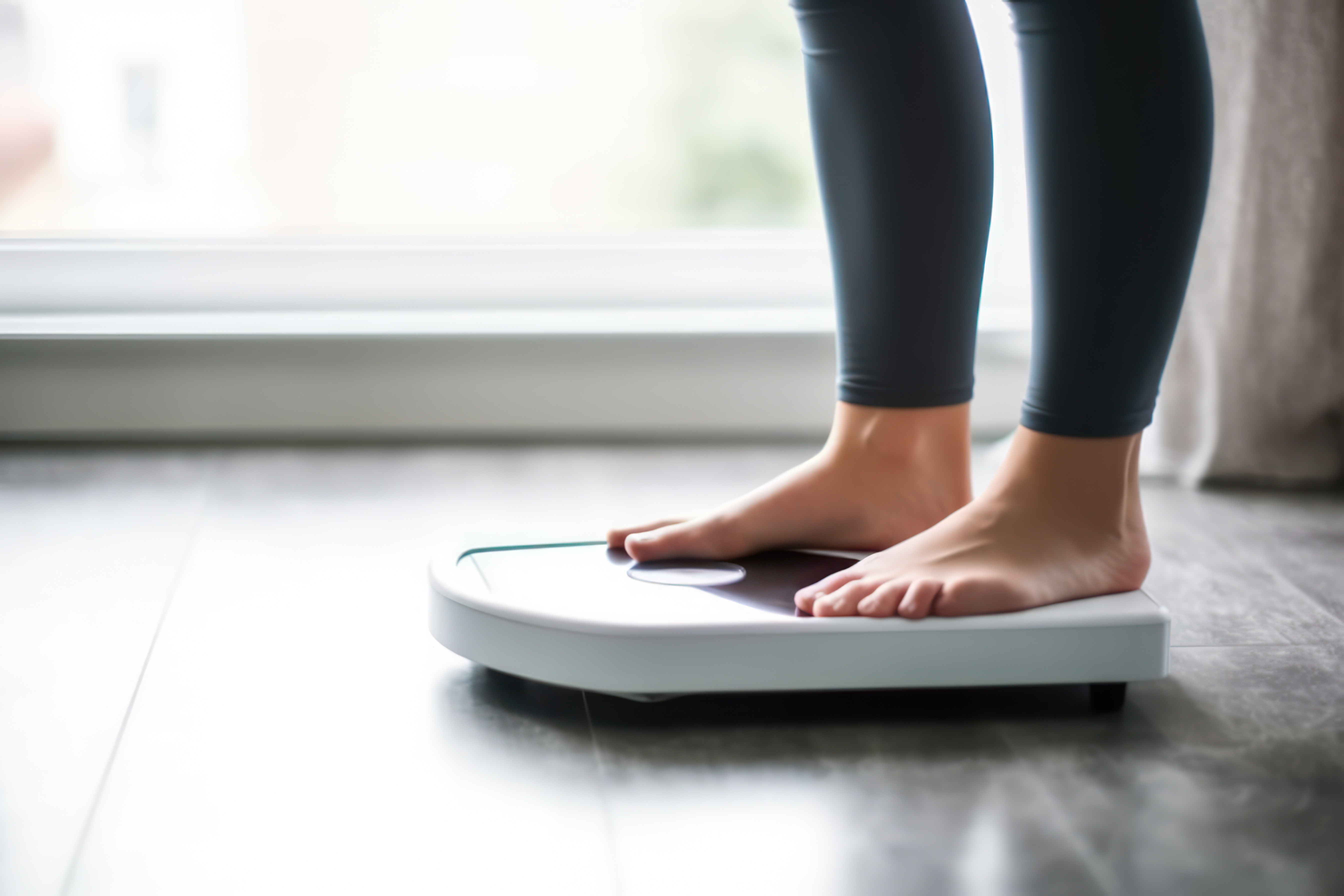 A woman standing on a scale has lost weight due to the Semaglutide and the HCG diet.