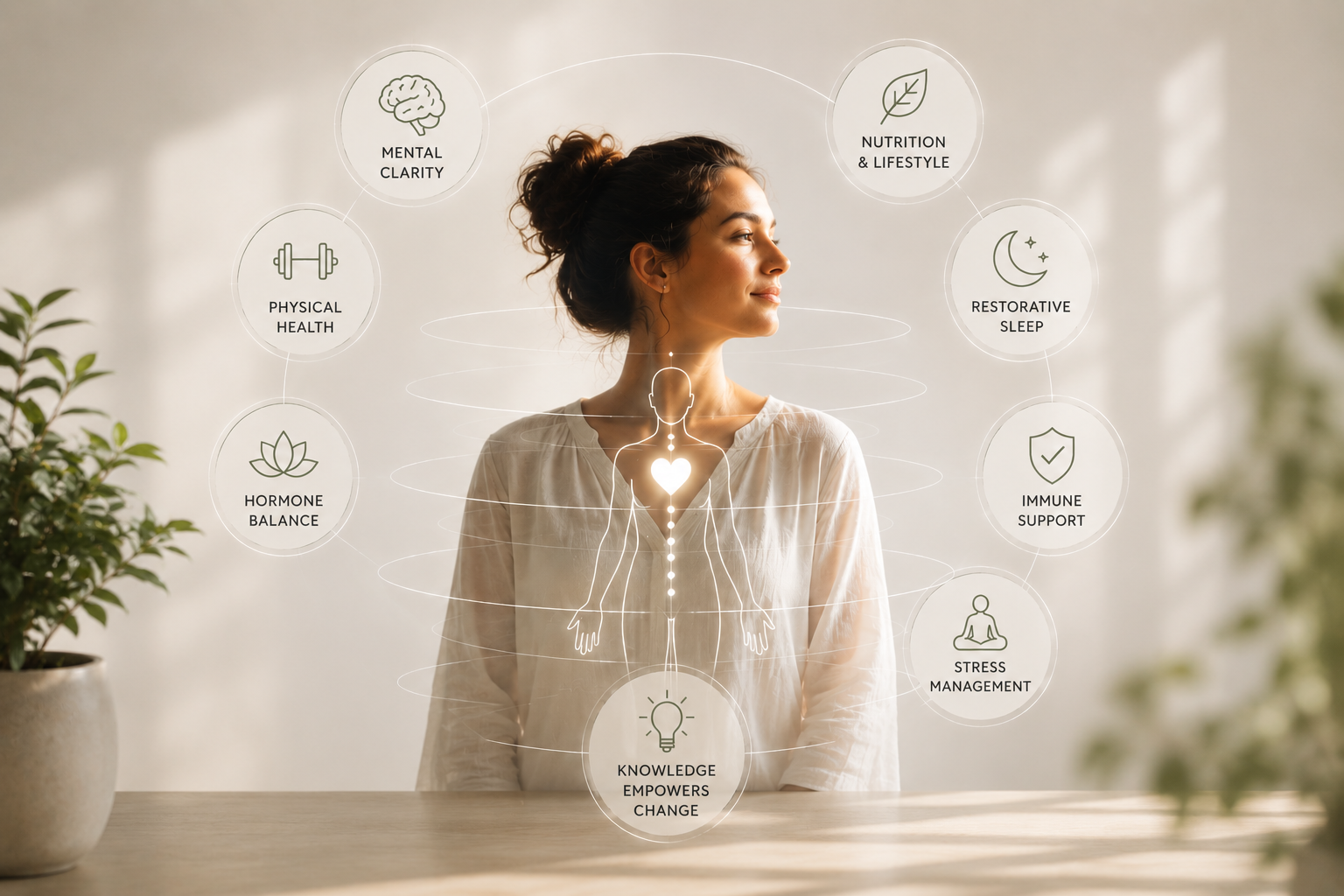 A healthy woman with icons and text overlaid that demonstrates different aspects of holistic health